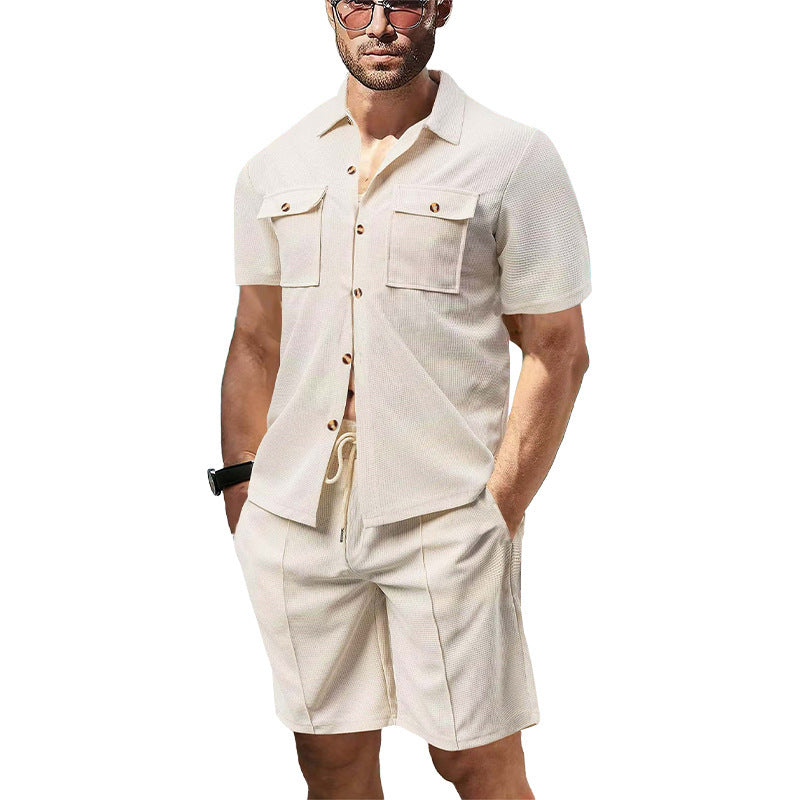 Herren Leinenhemd und Shorts Set mit Brusttaschen