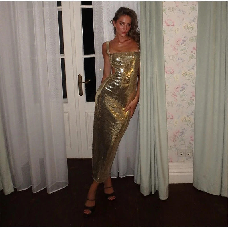 Emilia| Glitzerndes Maxi-Kleid mit Spaghettiträgern