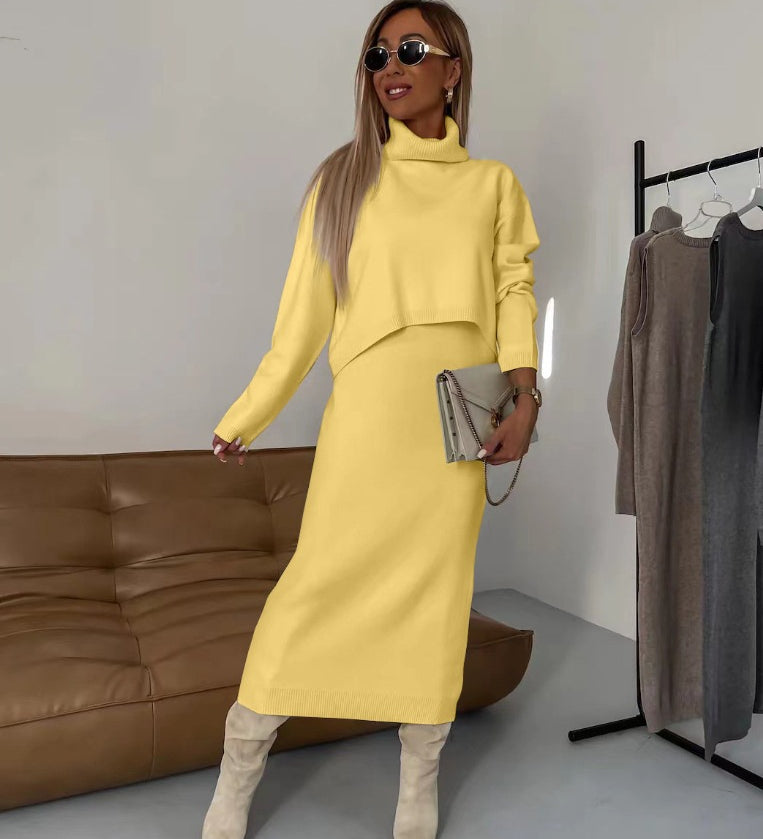 Damen Strick Zweiteiler mit Rollkragen Pullover und Midikleid