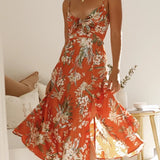 Satiniertes Midikleid – Sommerkleid mit Blumenmuster, Cut-Out & Spaghettiträgern