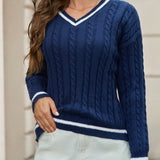 Freja | Gestreiftes Kabelstrickpullover Mit V Neck