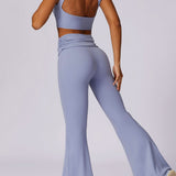 Liana | Hellblau High-Waist Flare Leggings mit Faltbund