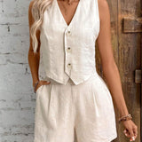 Zweiteiler aus Leinenoptik – Ärmelloses Gilet mit High-Waist Shorts
