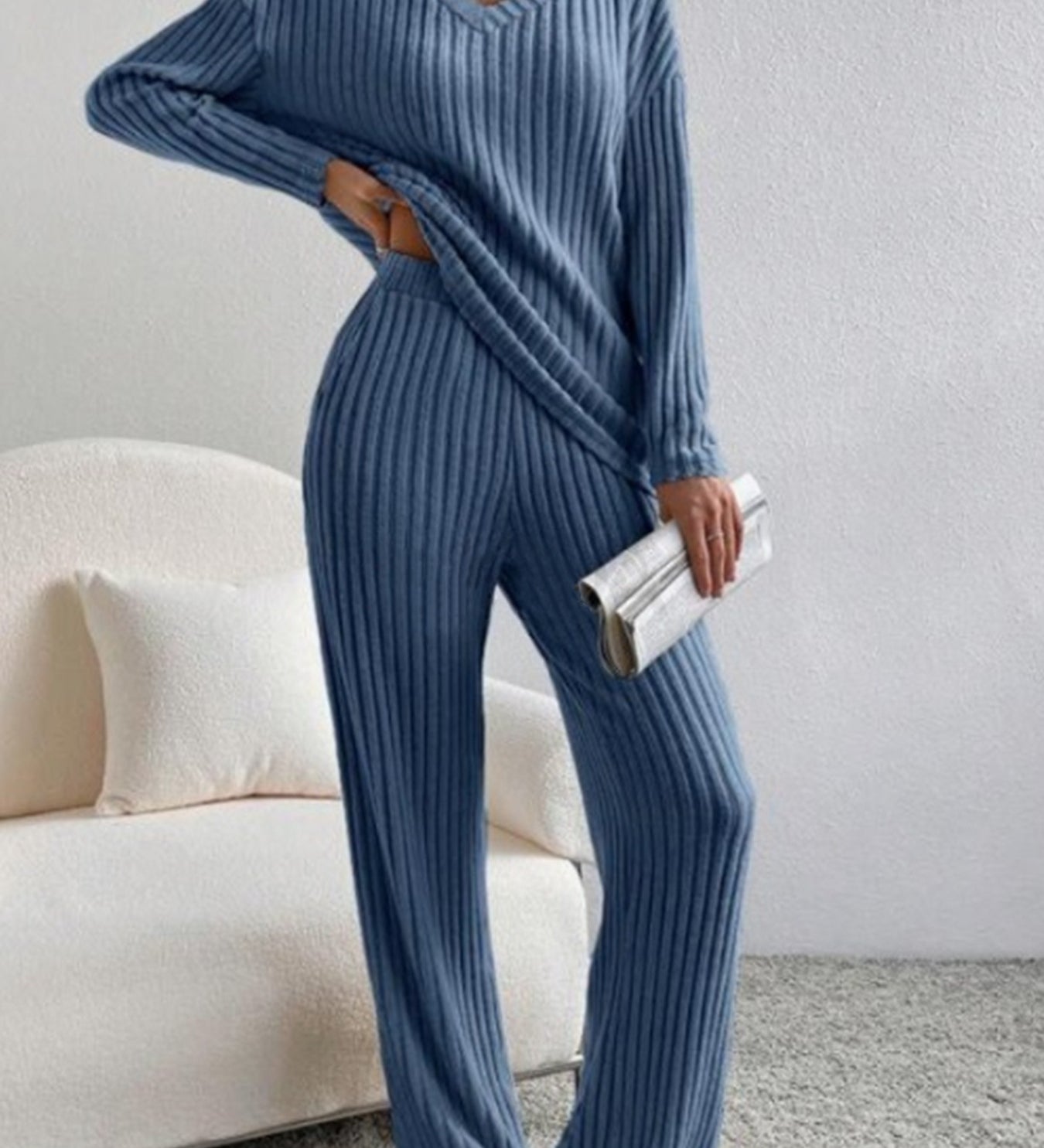 Damen Zweiteiler Strick Set mit V-Ausschnitt und weitem Schnitt