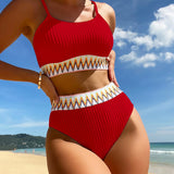 Schwarzer High-Waist Bikini mit Chevron-Detail – 2-teiliges Set mit Spaghettiträgern &amp; Strukturstoff