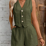 Zweiteiler aus Leinenoptik – Ärmelloses Gilet mit High-Waist Shorts