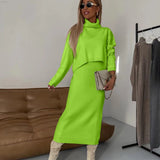 Damen Strick Zweiteiler mit Rollkragen Pullover und Midikleid