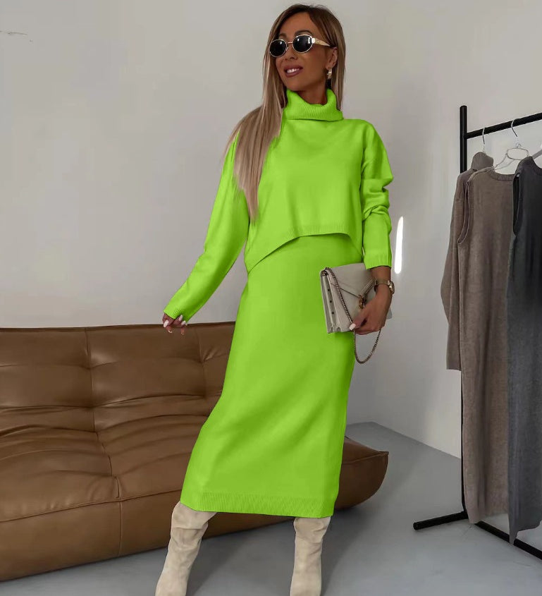 Damen Strick Zweiteiler mit Rollkragen Pullover und Midikleid