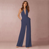 Damen Jumpsuit mit Tiefer V-Ausschnitt – Eleganter Ärmelloser Overall mit Weitem Bein