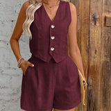 Zweiteiler aus Leinenoptik – Ärmelloses Gilet mit High-Waist Shorts