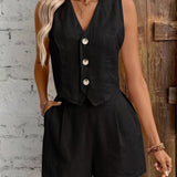 Zweiteiler aus Leinenoptik – Ärmelloses Gilet mit High-Waist Shorts