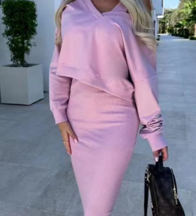 Damen Zweiteiler mit V-Ausschnitt Pullover und figurbetontem Midikleid