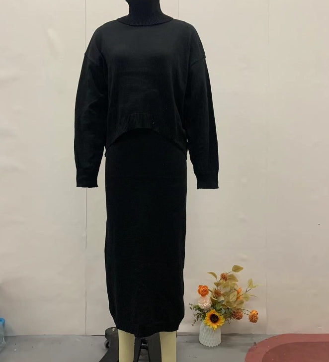 Damen Strick Zweiteiler mit Rollkragen Pullover und Midikleid