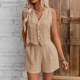 Zweiteiler aus Leinenoptik – Ärmelloses Gilet mit High-Waist Shorts