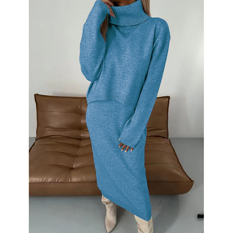 Damen Strick Zweiteiler mit Rollkragen Pullover und Midikleid