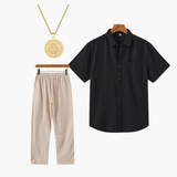 Adam | 3-teiliges Sommer-Outfit mit Kurzarmhemd, Leinenhose & Goldkette