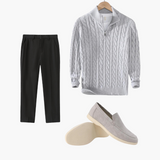 Hunter | 3-teiliges Set Grau Zopfmuster Half Zip pullover mit hose & Wildleder-Loafer
