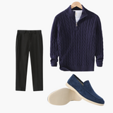 Carson |  Marineblau Zopfmuster-Pullover 3-teiliges Set mit hose & Wildleder-Loafer
