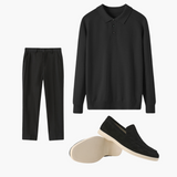 Kayden | All-Black Passendes Outfit mit Langer Ärmel Polohemd, hose & Wildleder-Loafer