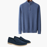 Damian | Blau Zopfmuster-Pullover & Wildleder-Loafer 2-teiliges Passendes Outfit