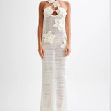 Häkel-Maxikleid mit Blumenapplikationen und Neckholder für Damen