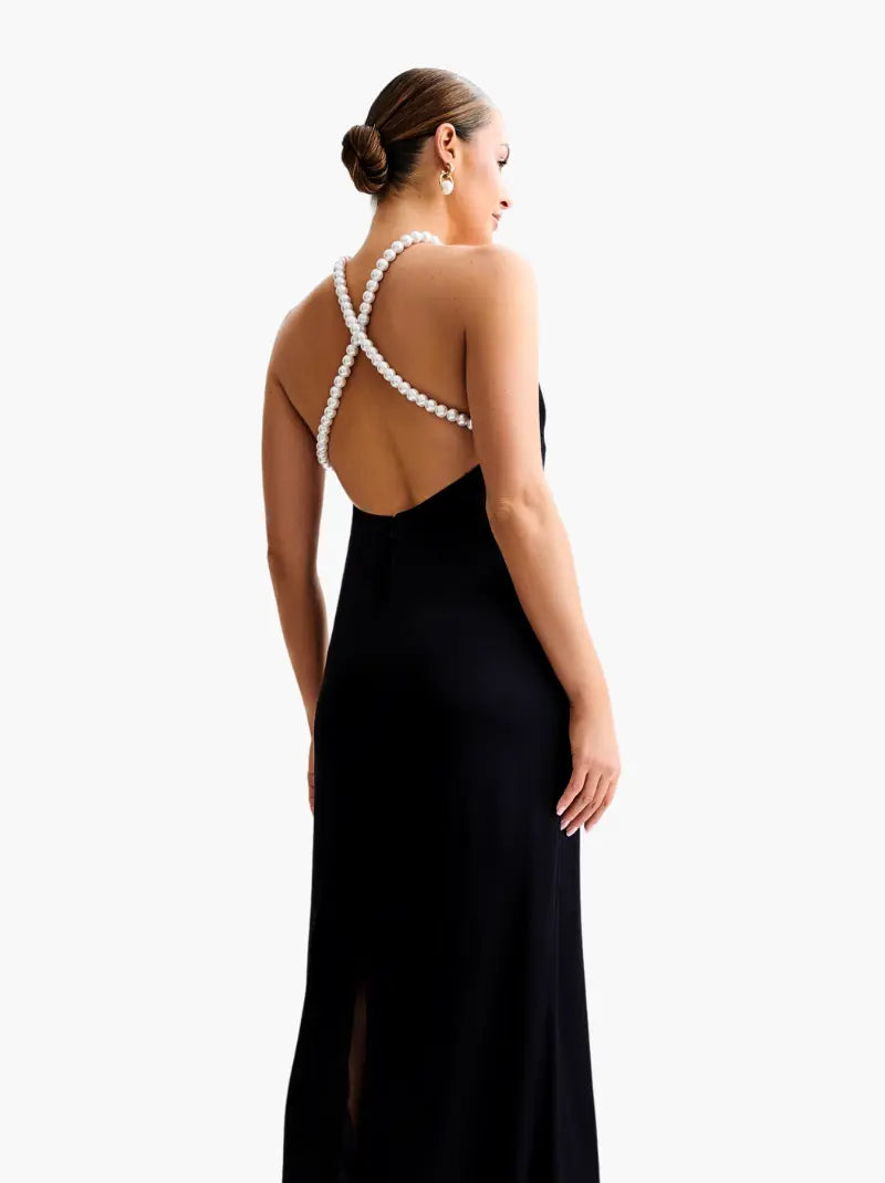 Celine | Blanche Satin Perlenhalter Maxikleid Zendoo.de