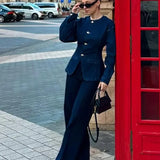 Damen-Denim-Set – Elegantes Tailliertes Jeansjacke & High-Waist Wide-Leg Hose