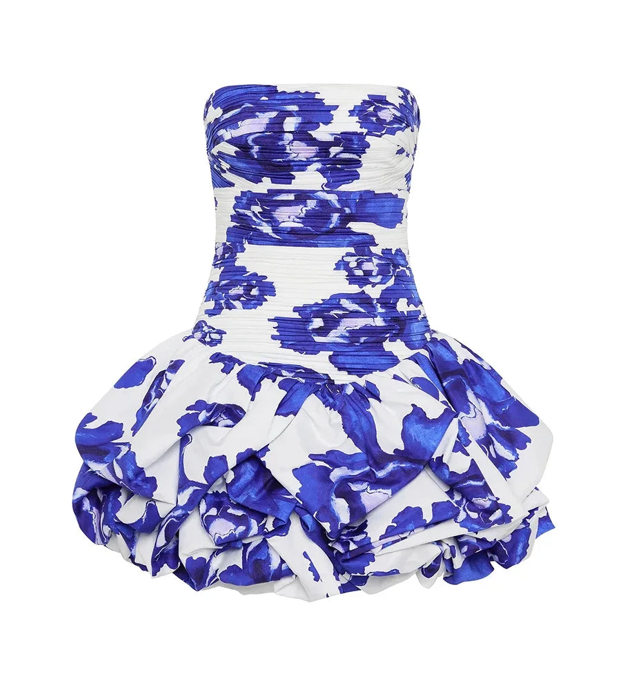 Schulterfreies Mini Kleid mit Ballonrock und floralem Muster für Damen