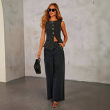 Leona | Stylisches Denim-Zweiteiler-Set mit Weste & Weitbein-Hose