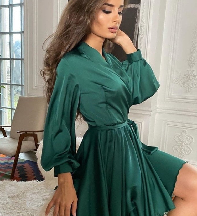 Pauline | Satinkleid - Langärmelig Rüschen