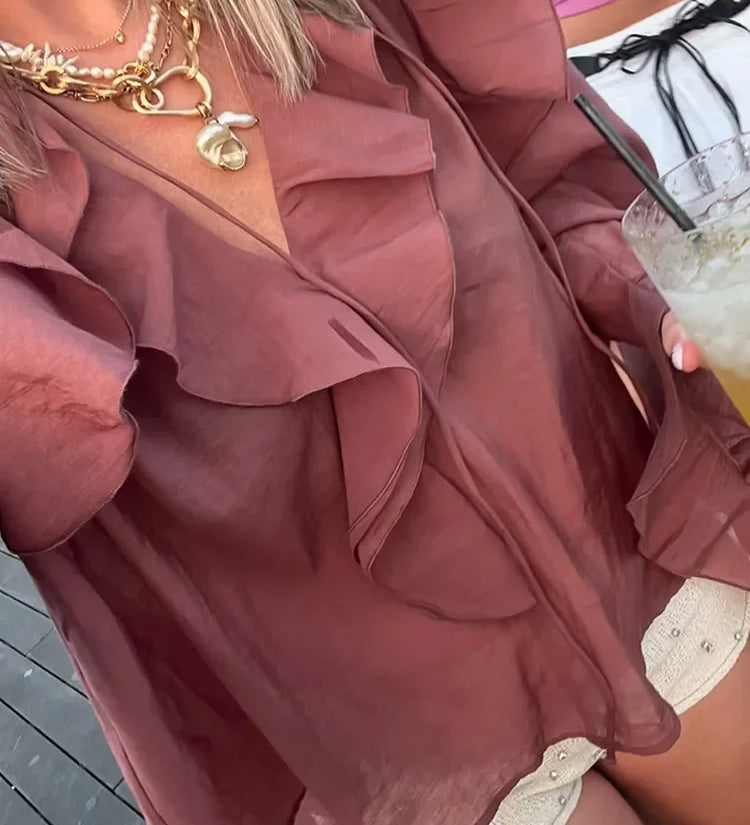 Transparente Volantbluse in Braun – Feminin, Elegant & Ausdrucksstark