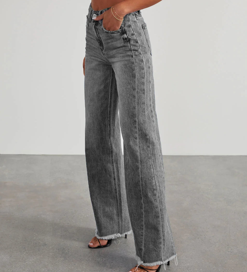 Damen-Weitbein-Jeans in Grau mit Raw-Hem