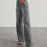 Damen-Weitbein-Jeans in Grau mit Raw-Hem