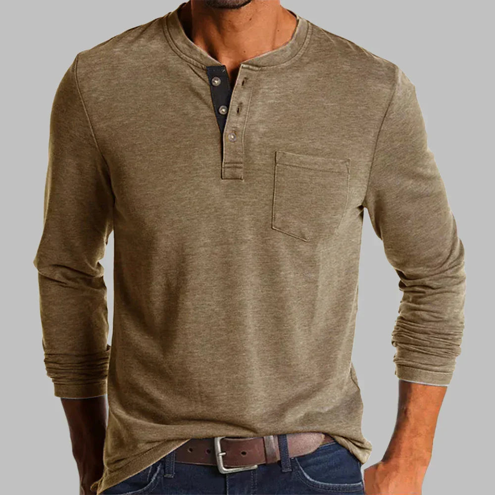 Herren Langarmshirt mit Henley-Ausschnitt und Brusttasche