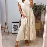 Elegantes Plisseekleid in Beige – Ärmelloses A-Linien Midikleid mit Struktur & Taschen