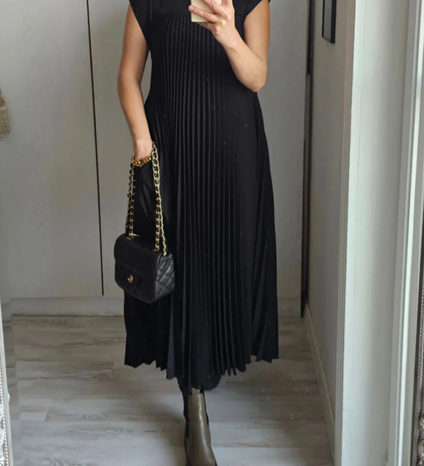 Elegantes Plisseekleid in Beige – Ärmelloses A-Linien Midikleid mit Struktur & Taschen