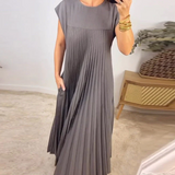 Elegantes Plisseekleid in Beige – Ärmelloses A-Linien Midikleid mit Struktur & Taschen