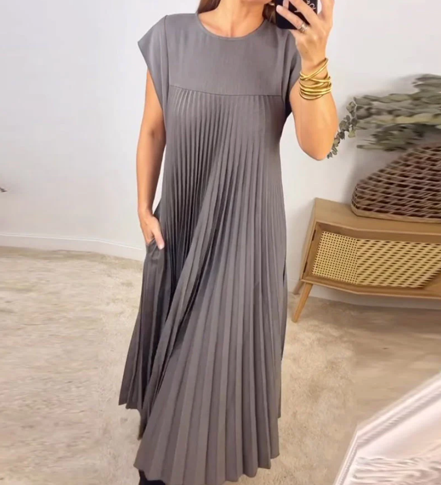 Elegantes Plisseekleid in Beige – Ärmelloses A-Linien Midikleid mit Struktur & Taschen