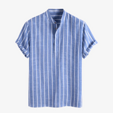 Thomas | Blau gestreiftes Herren Sommer Henley Leinenhemd