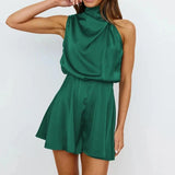 Damen-Satin-Overall mit Neckholder und kurzen Beinen