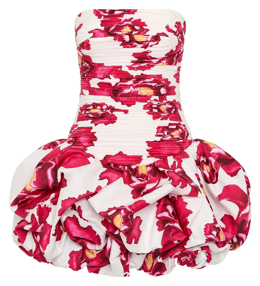 Schulterfreies Mini Kleid mit Ballonrock und floralem Muster für Damen