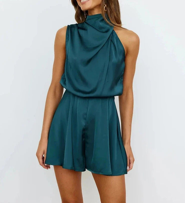 Damen-Satin-Overall mit Neckholder und kurzen Beinen