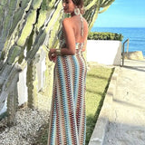 Boho Maxikleid mit Retro-Wellenmuster & Neckholder – Rückenfrei & figurbetont