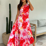 Plissiertes One-Shoulder-Kleid mit floralem Muster – Elegant & Feminin