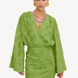 Clacive Herbst Lose Gelb Casual Frauen Kleider 2024 Sexy V-ausschnitt Langarm Mini Kleid Elegante Klassische Hohe Taille Weibliche Kleid