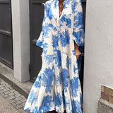 Maxikleid mit Print, Volantärmeln & Stehkragen – Stilvoll & Luftig