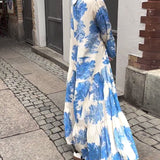 Maxikleid mit Print, Volantärmeln & Stehkragen – Stilvoll & Luftig