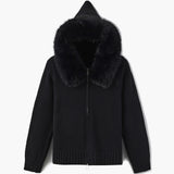 Damen Strickjacke Grau mit Kapuze und Kunstpelz – Warme Winterjacke