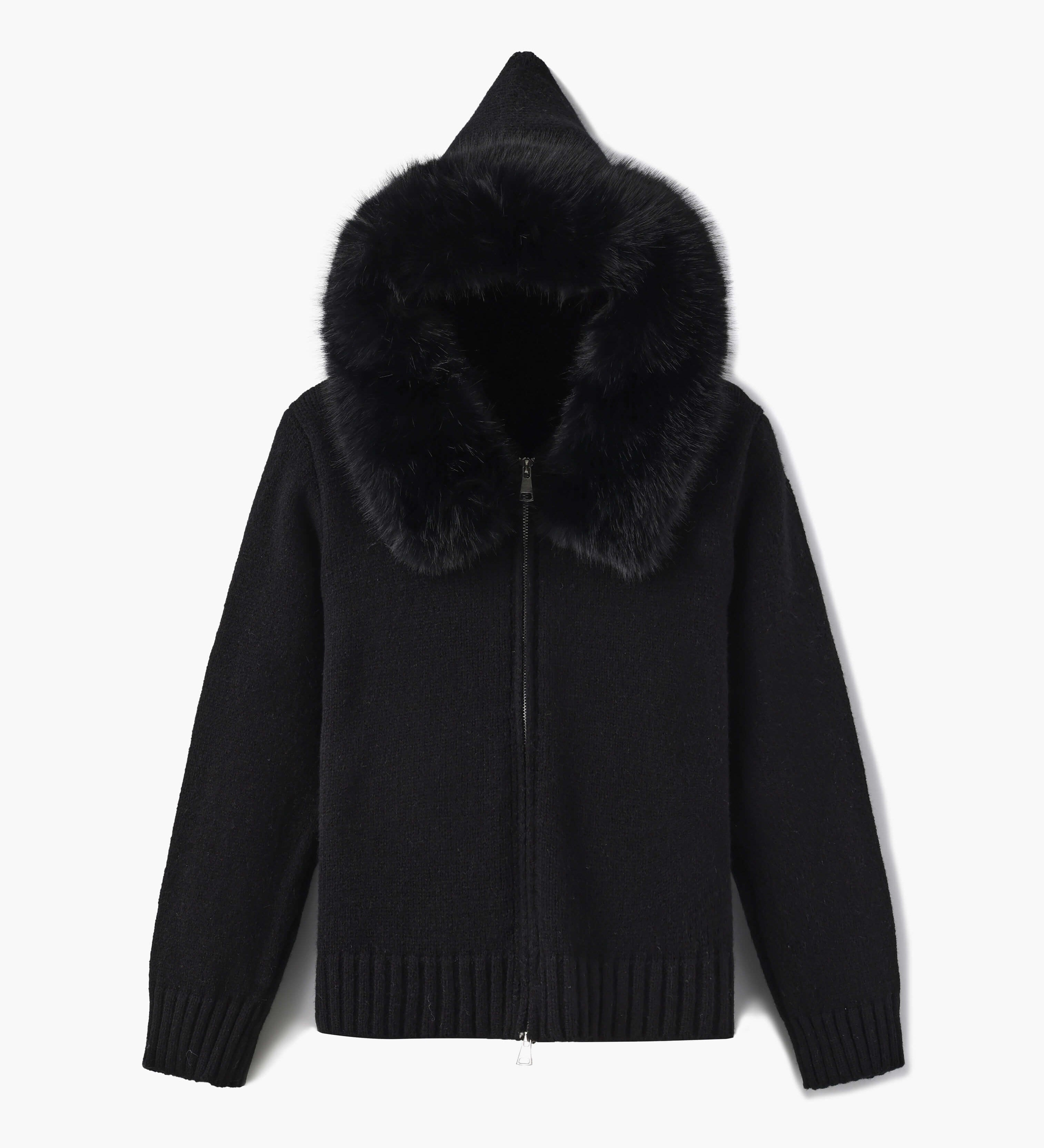 Damen Strickjacke Grau mit Kapuze und Kunstpelz – Warme Winterjacke