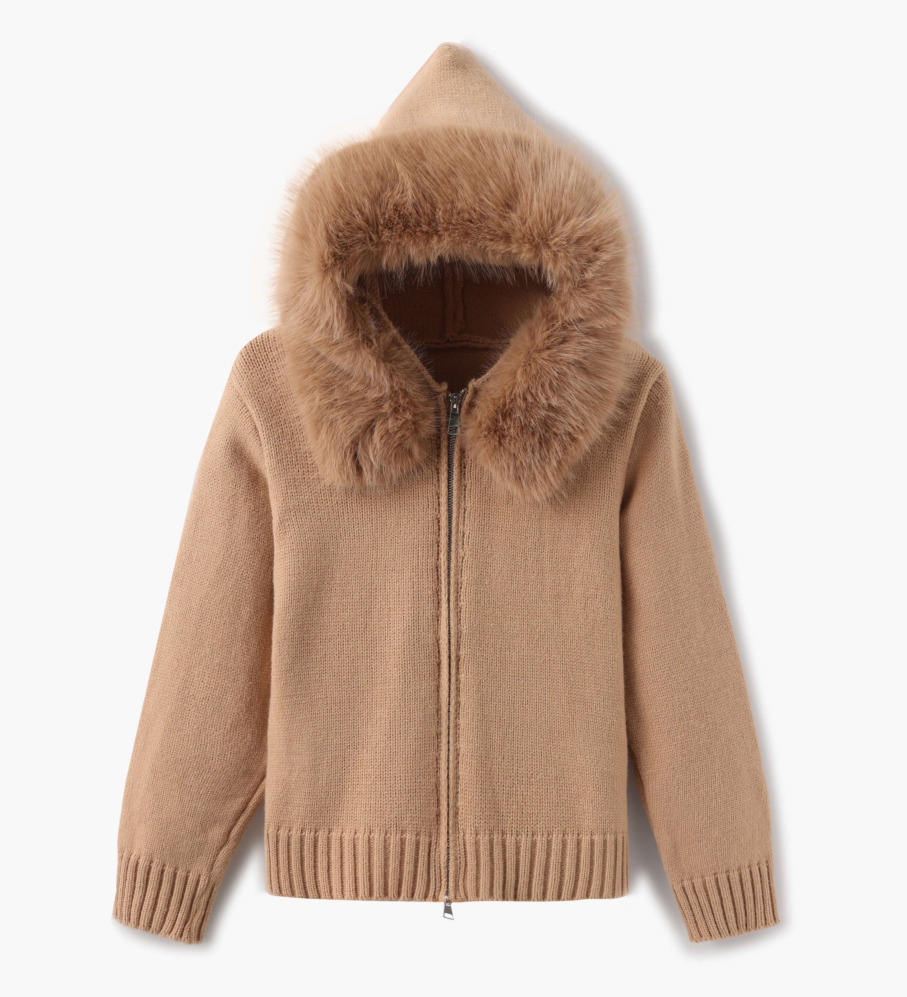 Damen Strickjacke Grau mit Kapuze und Kunstpelz – Warme Winterjacke